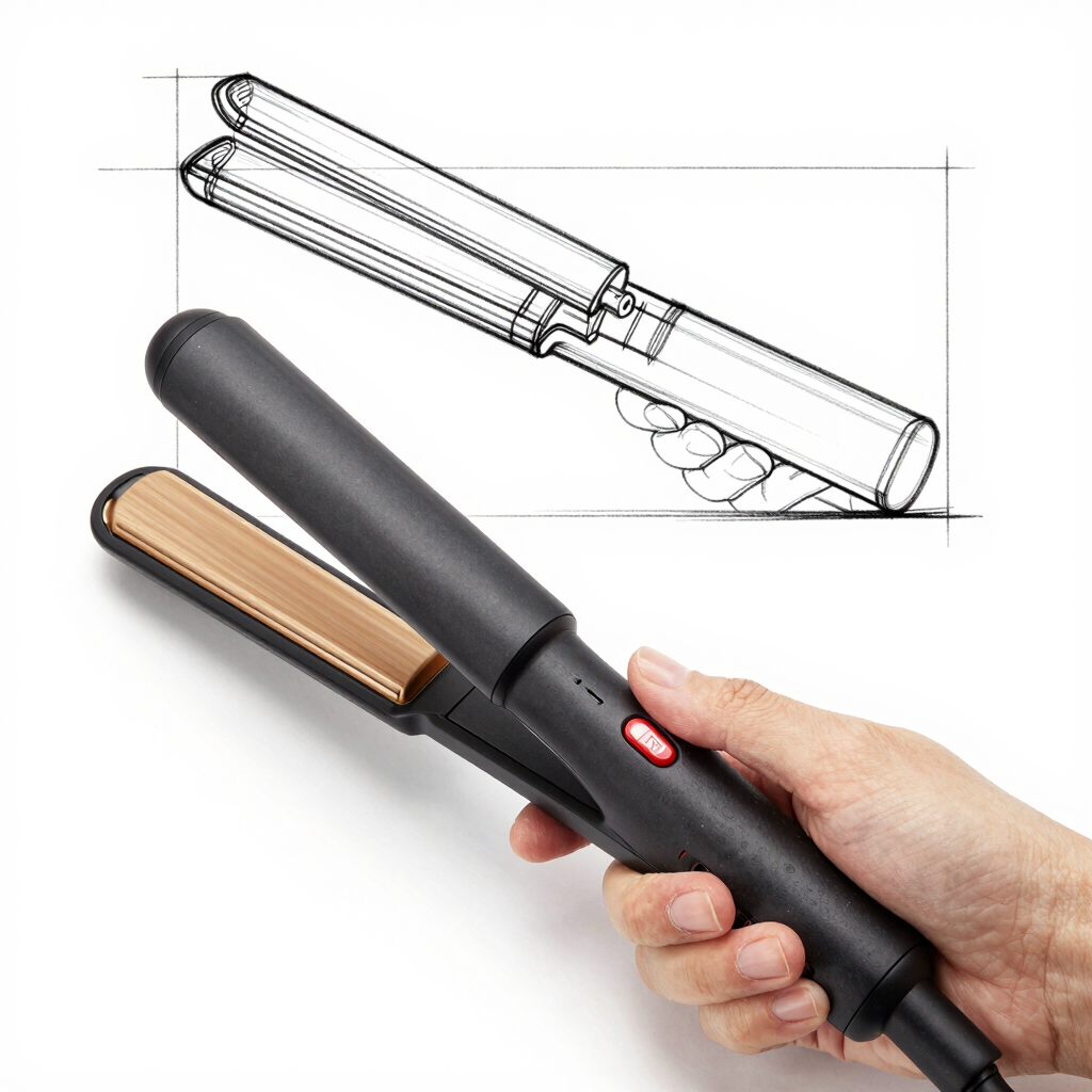 Hand holding a hair straightener design.